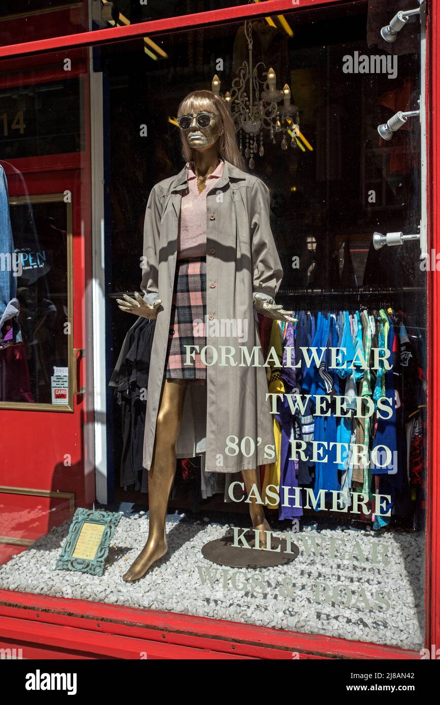 Vintage clothes on display at Armstrong's vintage clothing store in Teviot Place, Edinburgh, Scotland, UK. Stock Photo