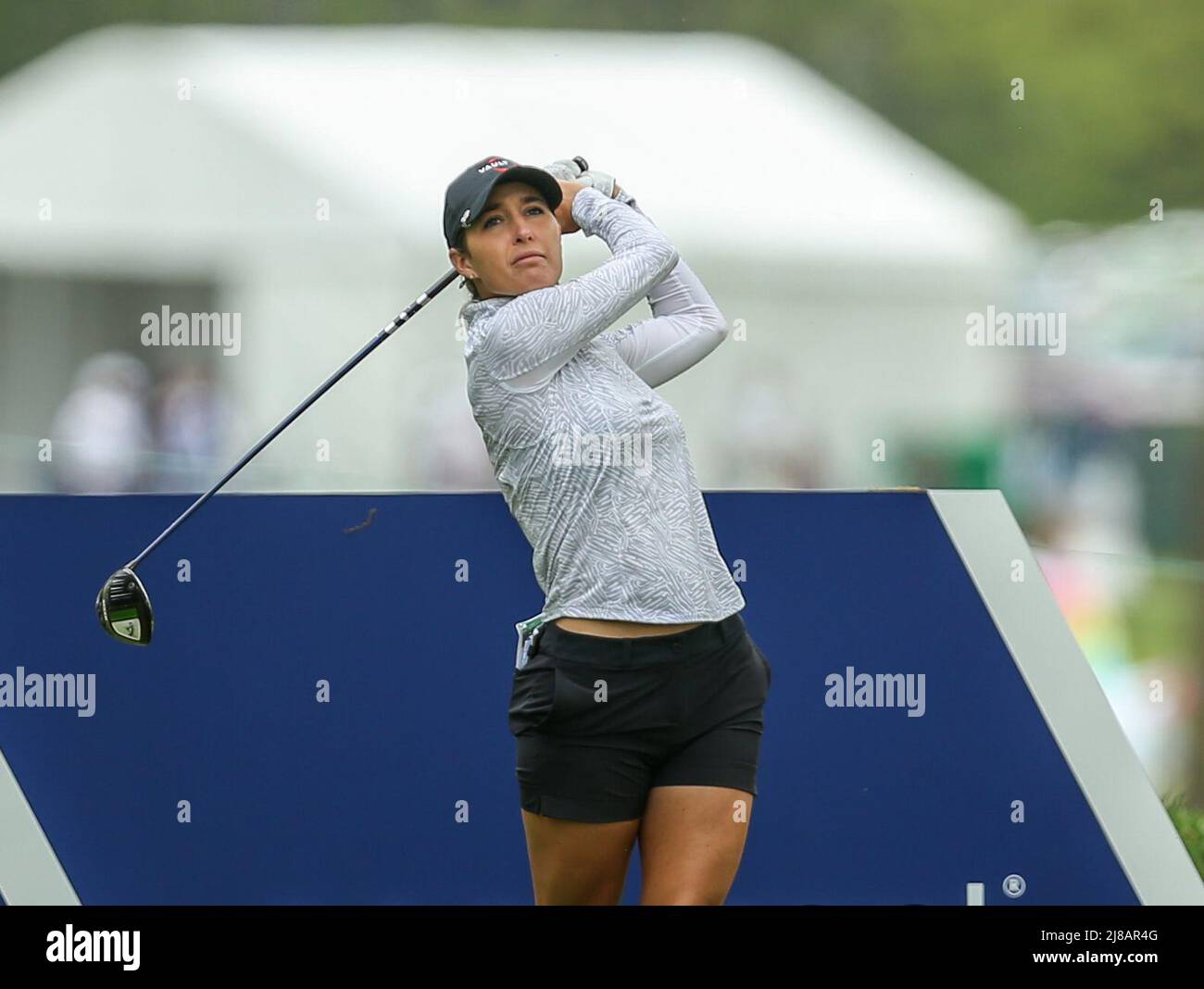 Clifton, NJ, USA. 14th May, 2022. Jaye Marie Green watches her tee shot during the third round of the LPGA Cognizant Founders Cup at the Upper Montclair Country Club in Clifton, NJ. Mike Langish/Cal Sport Media. Credit: csm/Alamy Live News Stock Photo