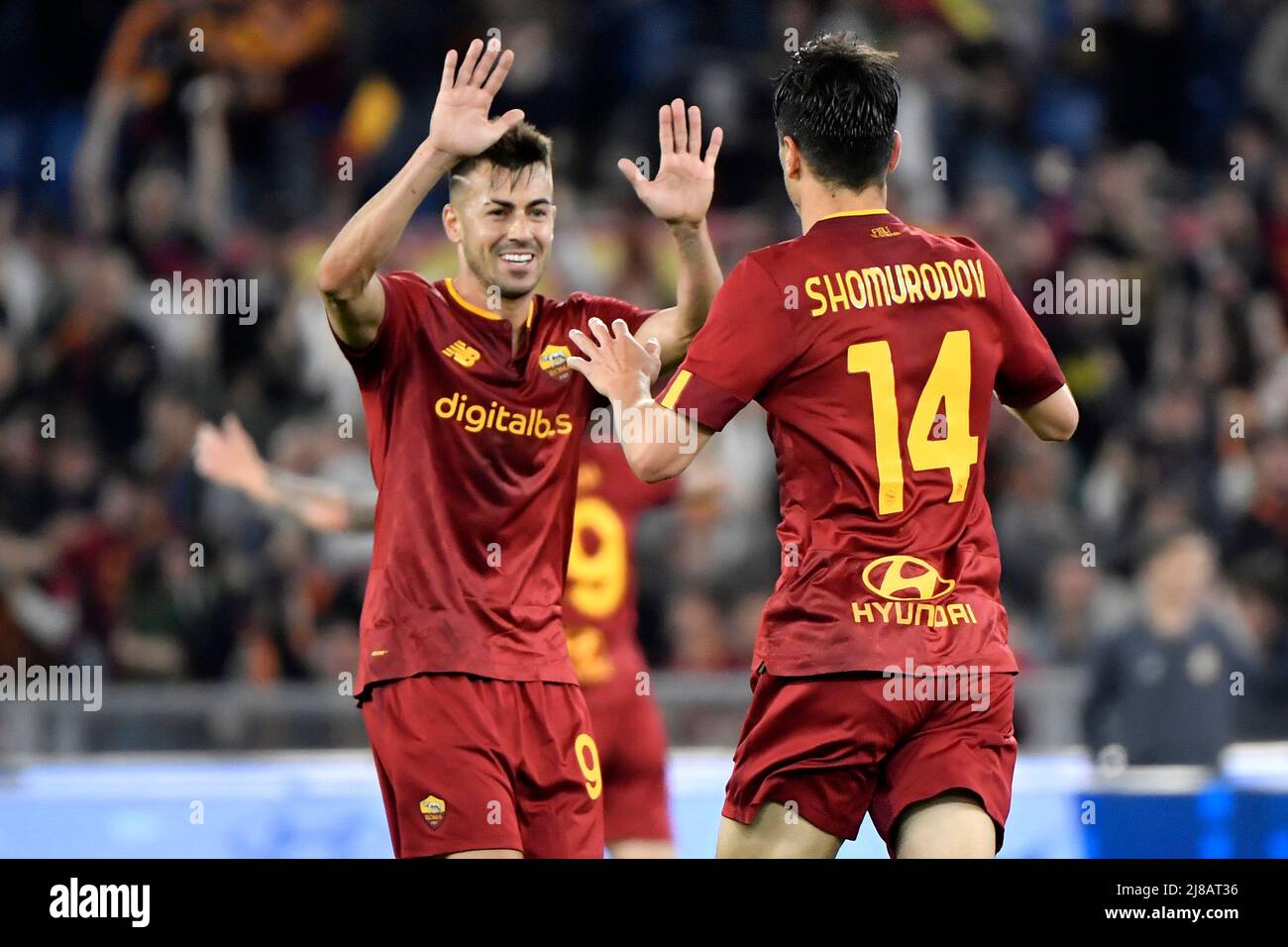 Rome, Italy. 14th May, 2022. Edor Shomurodov of AS Roma (r) celebrates ...