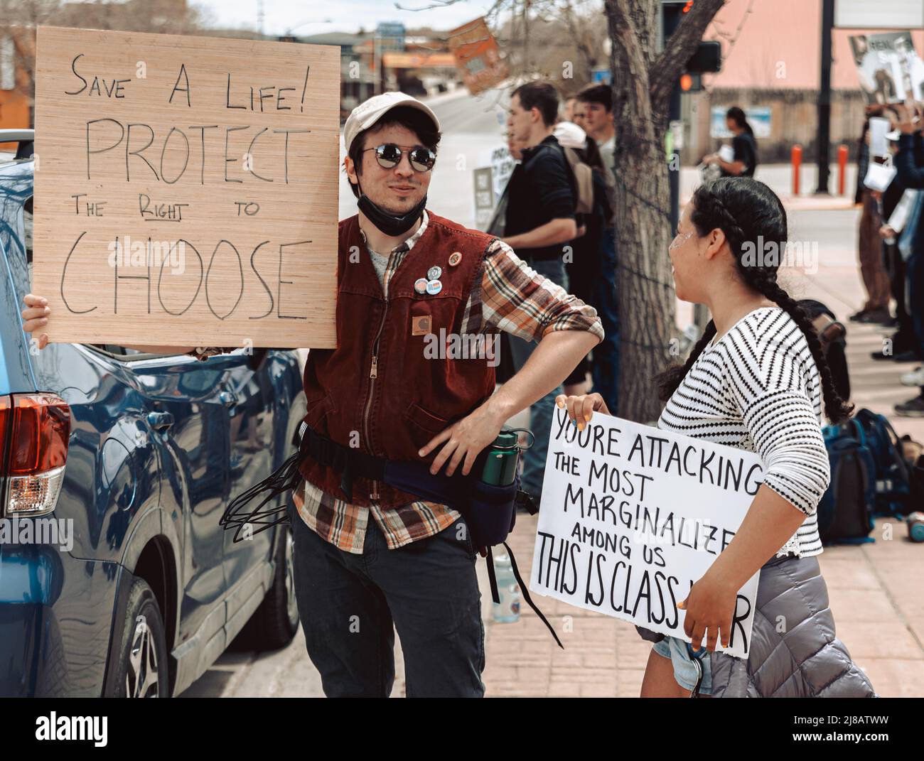 Demonstration in Lander Wyoming over Roe V. Wade anti-abortion pro-abortion Pro-life Pro-Choice Stock Photo