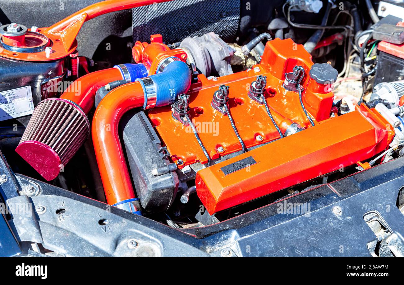 Samara, Russia - May 8, 2022: Close up view of tuned car engine of Lada 2170 Priora vehicle, under the hood of a vehicle Stock Photo