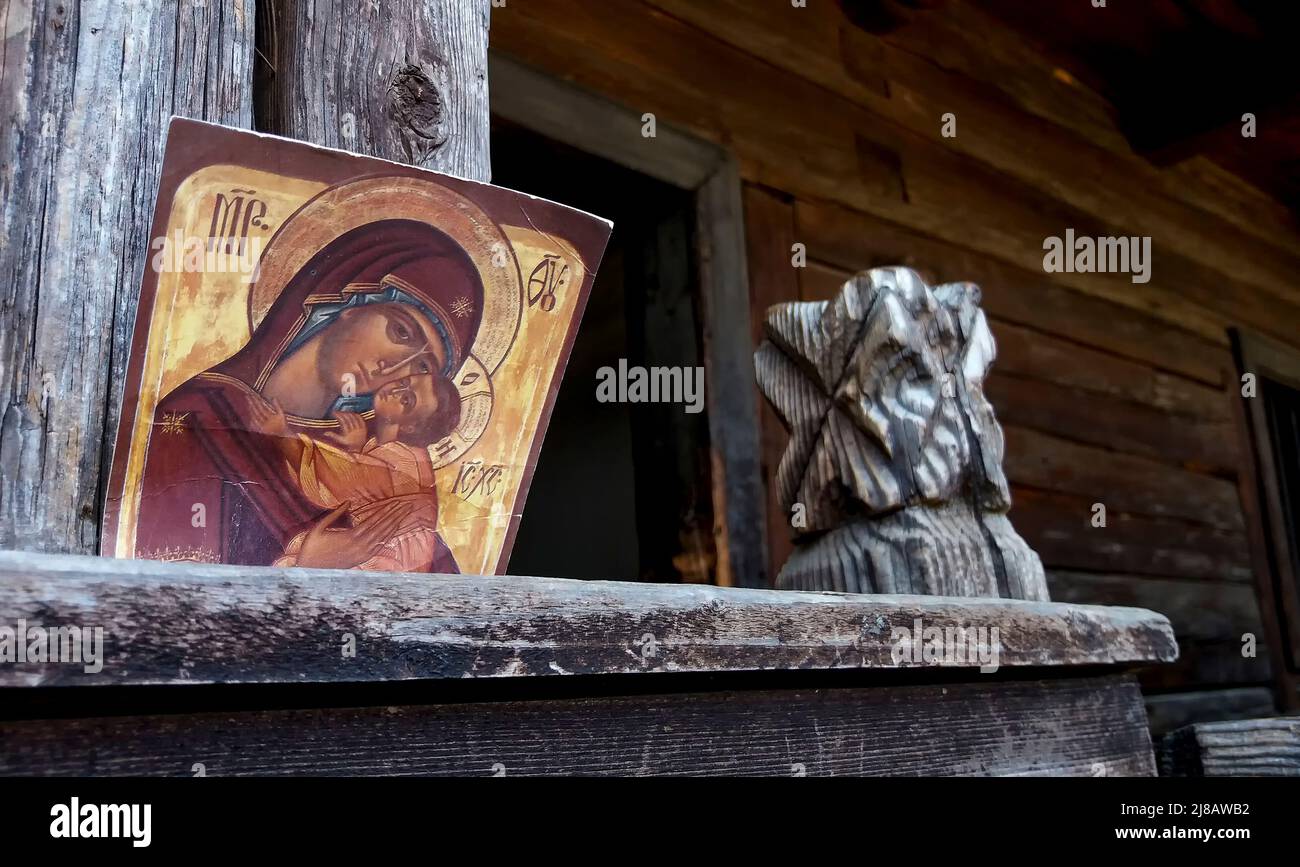 Bucharest, Romania - September 08, 2019: An icon of the Madonna and Child is on the porch of the household from the village of Ieud, Maramures County, Stock Photo