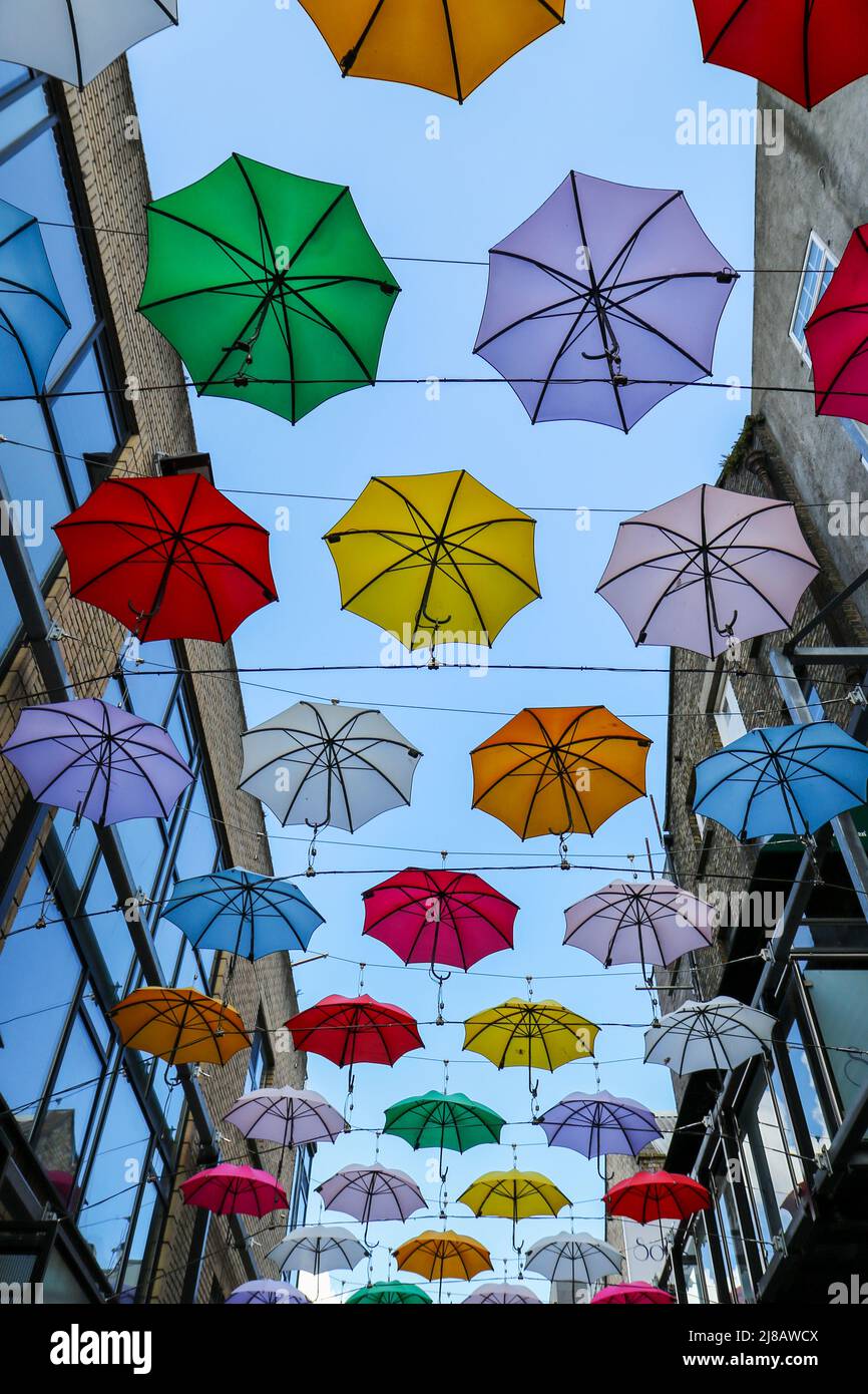 Colorful umbrella parasol display outside Zozimus bar in Dublin city centre. Bright colours of art installation against blue sky. Ireland Stock Photo