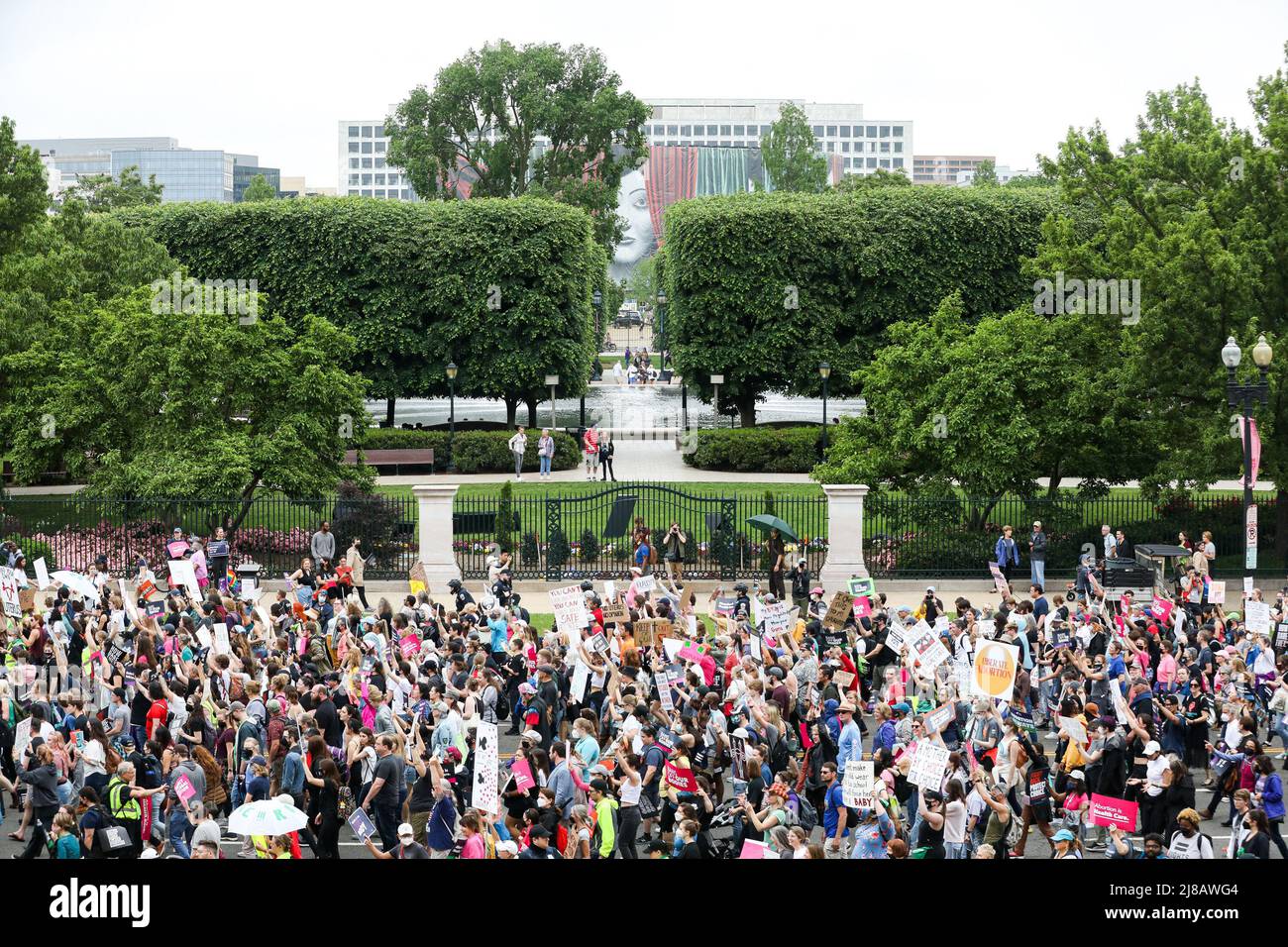 Protestors march in Washington D.C. as part of the “Bans Off Our Bodies” protests in support of abortion rights on Saturday, May 14, 2022. The protest was part of a nationwide series of protests in favor of abortion rights after a draft decision of the United States Supreme Court leaked which seemed to indicate that the Roe v. Wade decision which established a women’s right to abortion may be in danger of being overturned. Stock Photo