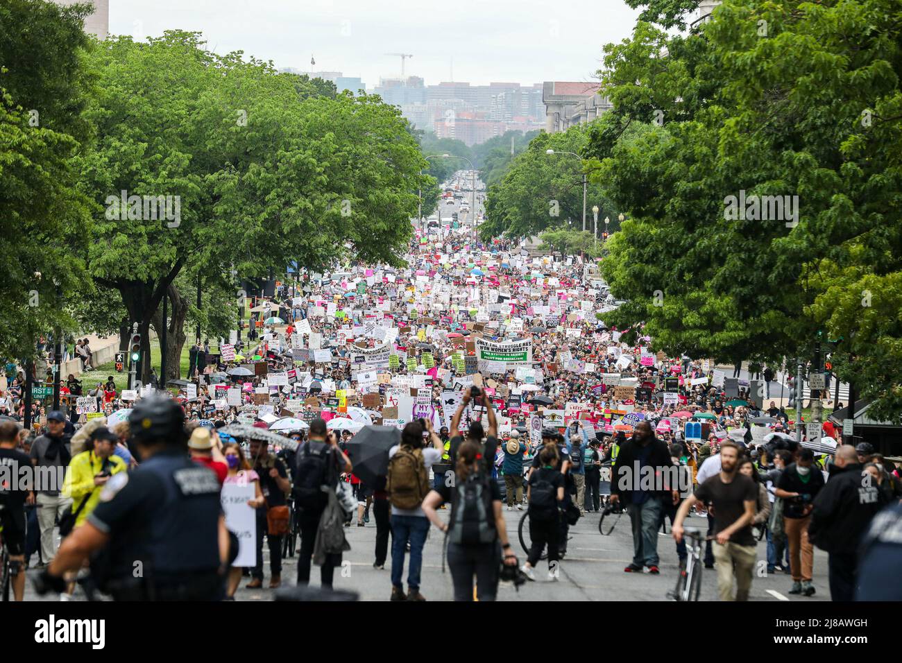 Protestors march in Washington D.C. as part of the “Bans Off Our Bodies” protests in support of abortion rights on Saturday, May 14, 2022. The protest was part of a nationwide series of protests in favor of abortion rights after a draft decision of the United States Supreme Court leaked which seemed to indicate that the Roe v. Wade decision which established a women’s right to abortion may be in danger of being overturned. Stock Photo