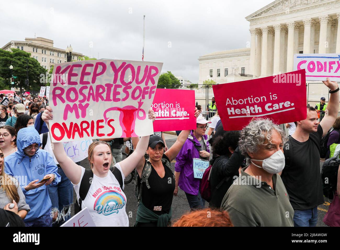 Protestors march in front of the Supreme Court. as part of the “Bans Off Our Bodies” protests in support of abortion rights on Saturday, May 14, 2022. The protest was part of a nationwide series of protests in favor of abortion rights after a draft decision of the United States Supreme Court leaked which seemed to indicate that the Roe v. Wade decision which established a women’s right to abortion may be in danger of being overturned. Stock Photo