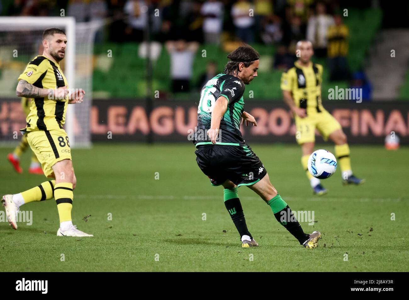 Melbourne, Australia, 14 May, 2022. Rene Krhin of Western United kicks the ball  during the A-League Elimination Final soccer match between Western United and Wellington Phoenix at AAMI Park on May 14, 2022 in Melbourne, Australia. Credit: Dave Hewison/Speed Media/Alamy Live News Stock Photo