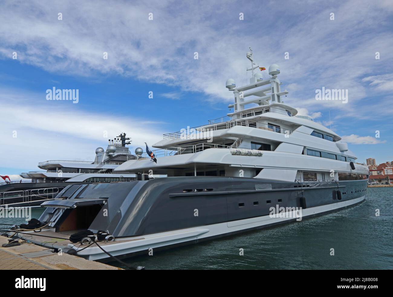 Superyacht 'Illusion Plus' moored in Port, Tarragona Stock Photo