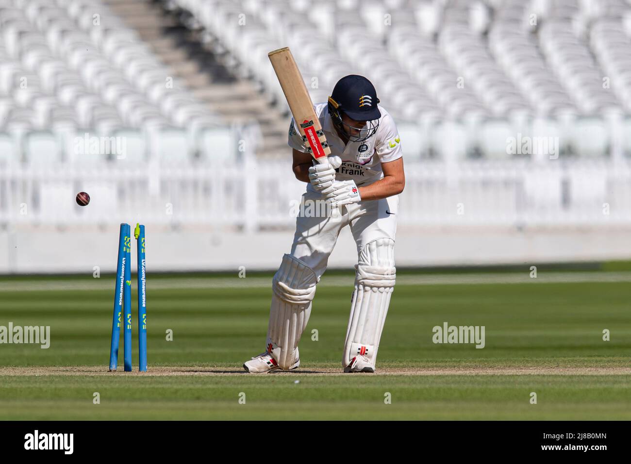 LONDON, UNITED KINGDOM. 14th May, 2022. Josh De Caires of Middlesex in action during County Championship - Middlesex v Nottinghamshire at The Lord's Cricket Ground on Saturday, May 14, 2022 in LONDON ENGLAND.  Credit: Taka G Wu/Alamy Live News Stock Photo