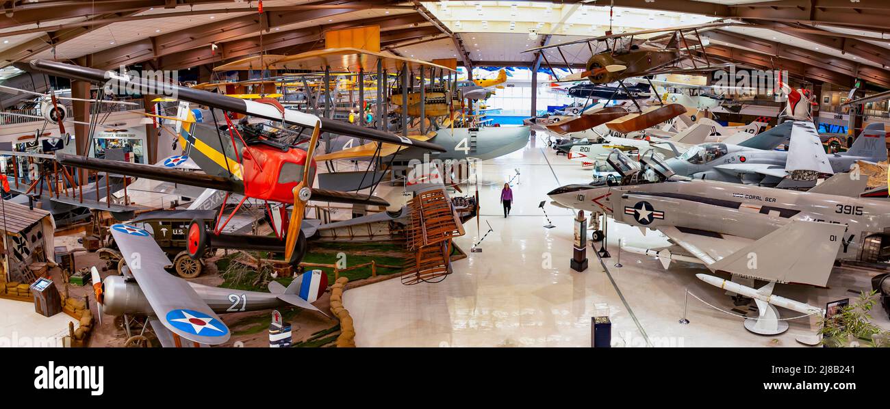 A wide panoramic view of fighter aircraft from ww-1, to the present at the Naval Aviation Museum in Pencacola Florida Stock Photo