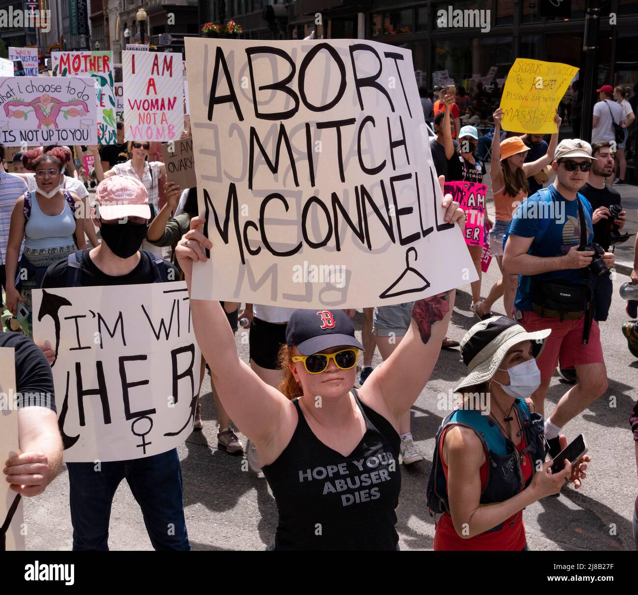 May 14, 2022, Boston, Massachusetts USA: Demonstrators march during an abortion rights protest in Boston. Demonstrators for anti abortion ban are rallying across the country in the face of an anticipated Supreme Court decision that could overturn womens right to an abortion. Credit: Keiko Hiromi/AFLO/Alamy Live News Stock Photo