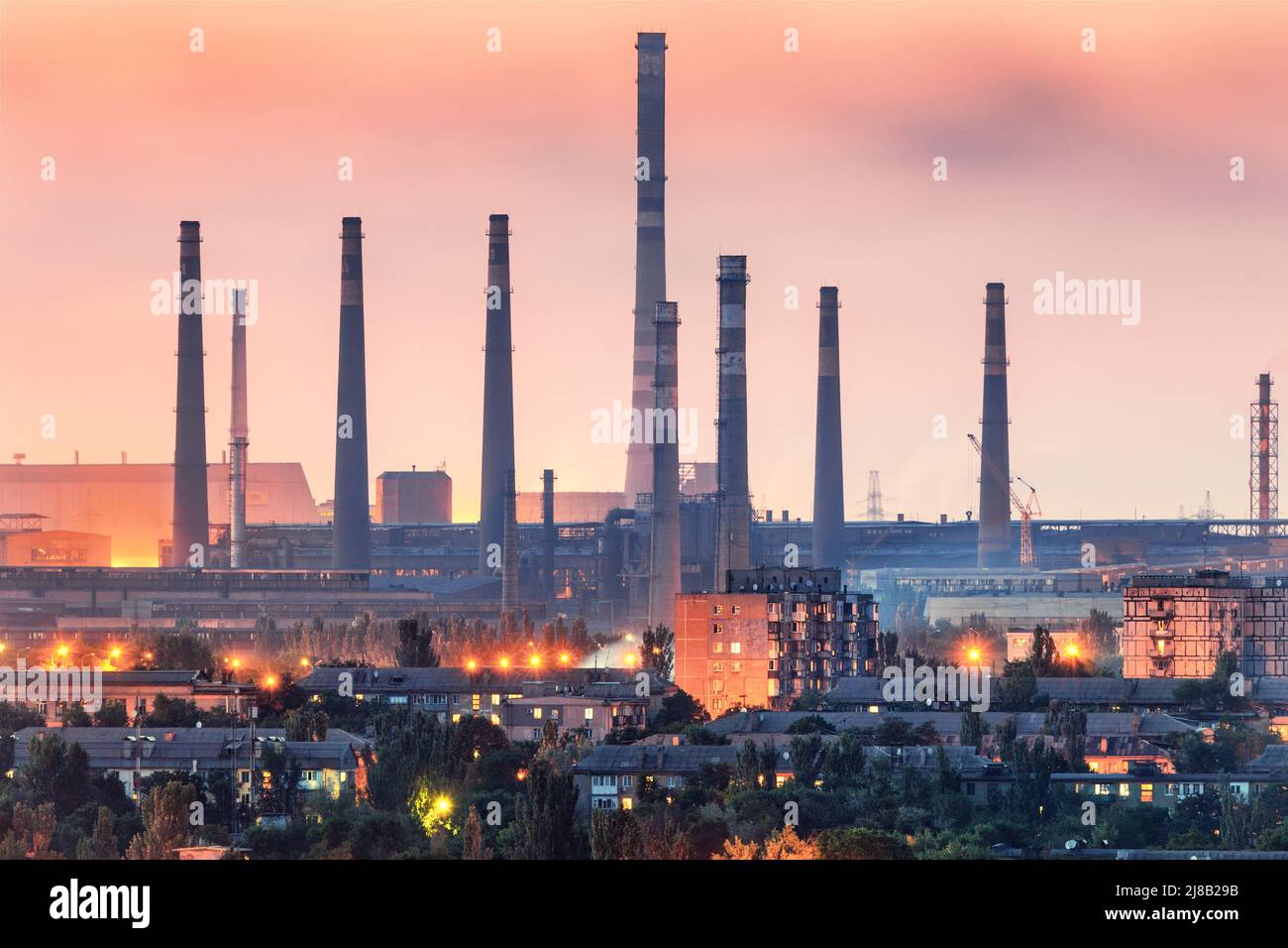 Steel plant at night in Mariupol, Ukraine before war Stock Photo