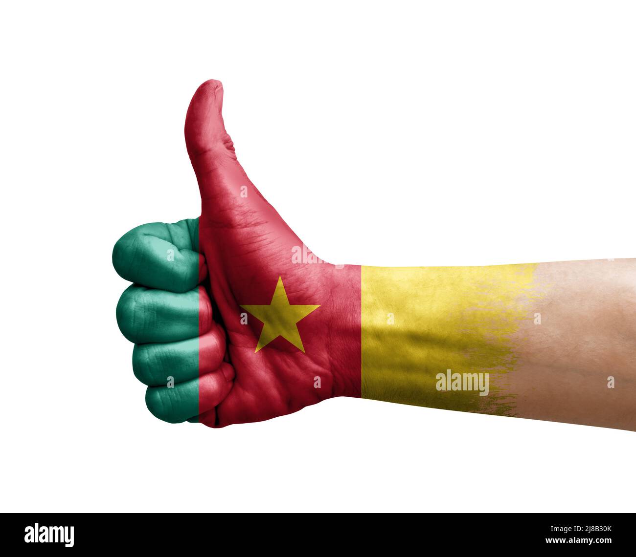 Hand making thumb up painted with flag of cameroon Stock Photo