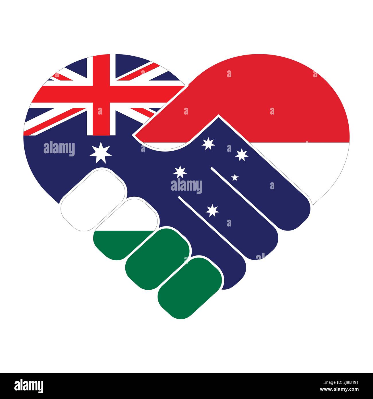 Handshake symbol in the colors of the national flags of Australia and Hungary, forming a heart. The concept of peace, friendship. Stock Vector