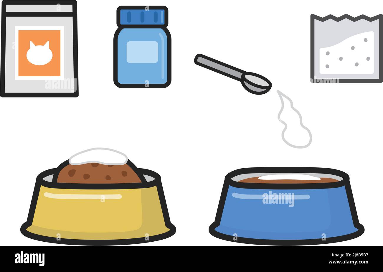 Icon set of mix the medicine with cat food in the bowl. Vector illustration isolated on white