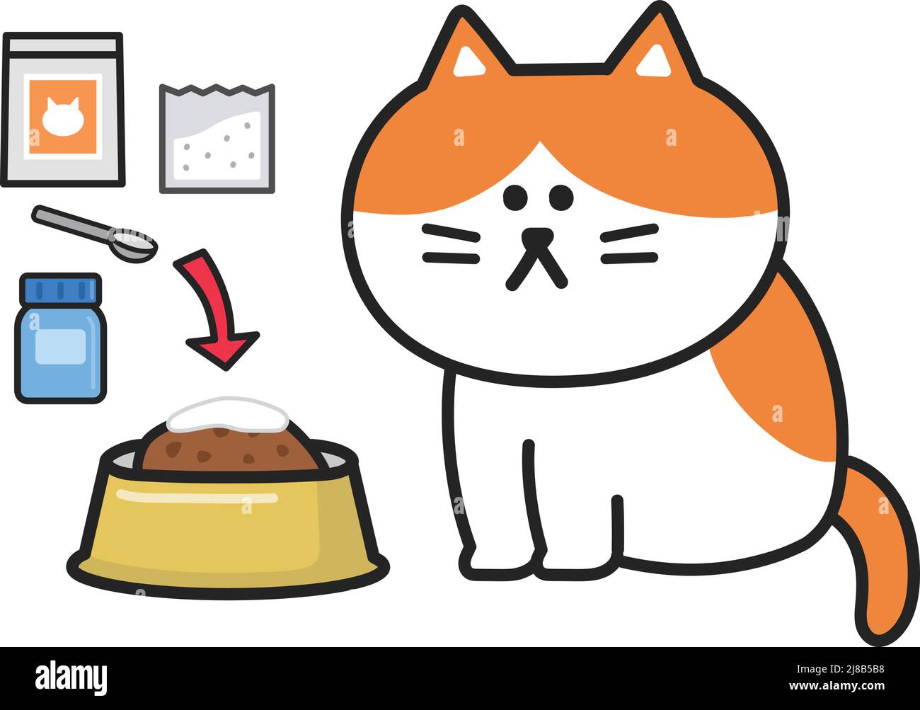 Icon set of mix the medicine with cat food in the bowl. Vector illustration isolated on white