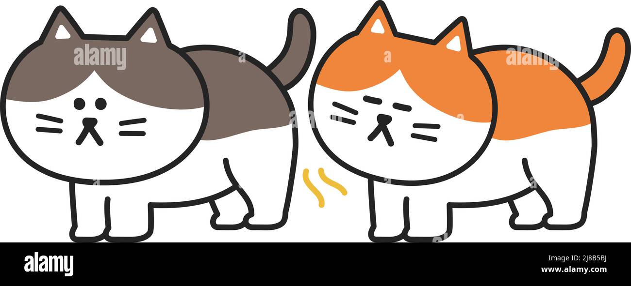 Cartoon cat sniffs out another cat by smelling a flehmen response, vector illustration isolated on a white background. Stock Vector