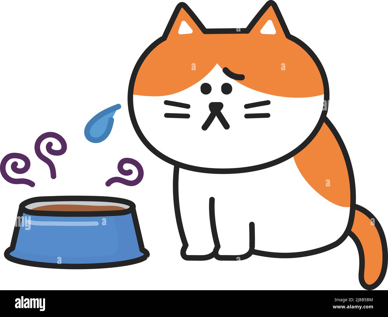 Cartoon tabby cat can't eat expired wet food in the cat bowl, vector