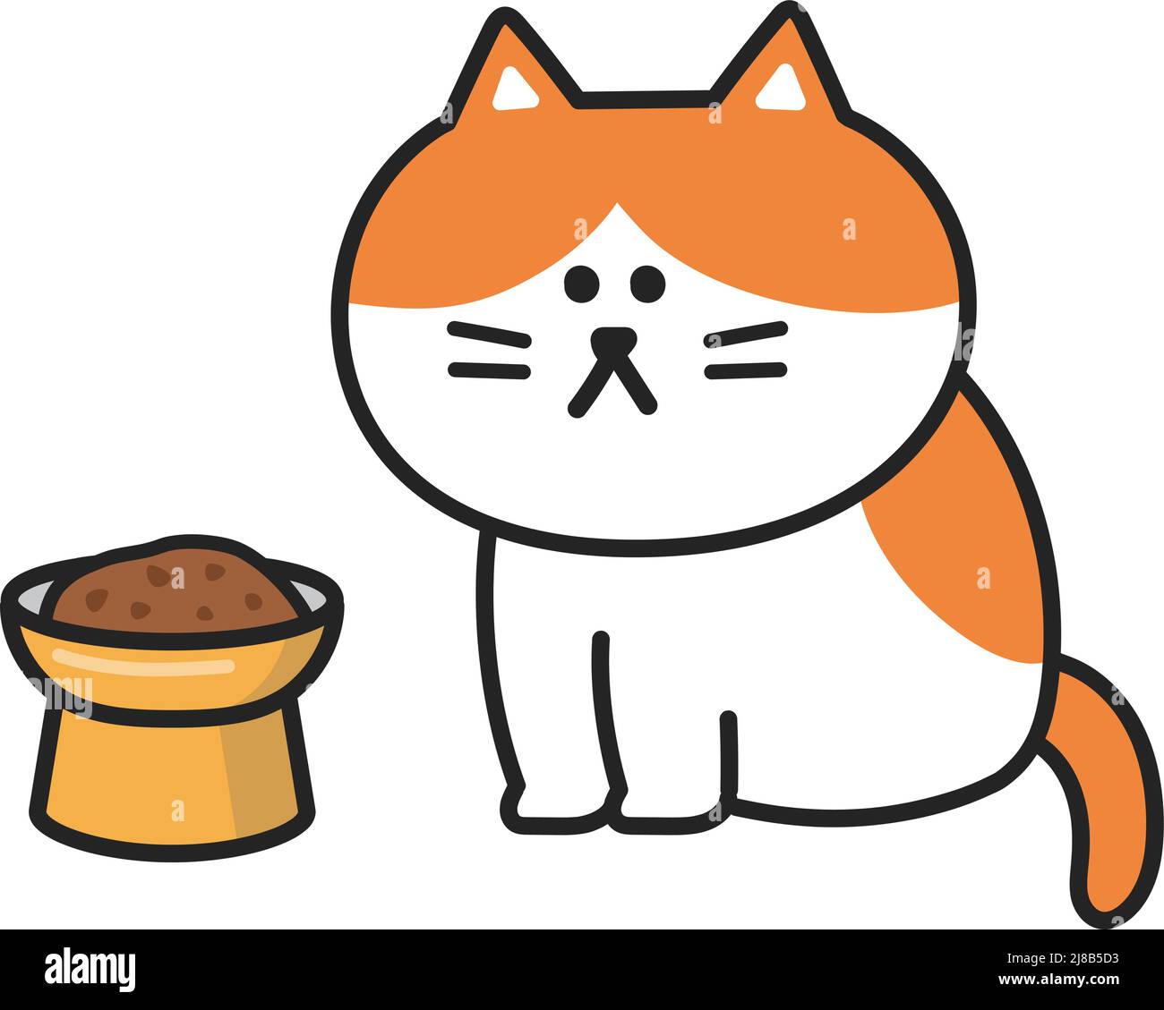 Orange tabby and white cat and cat food on the elevated bowl, vector illustration. Stock Vector