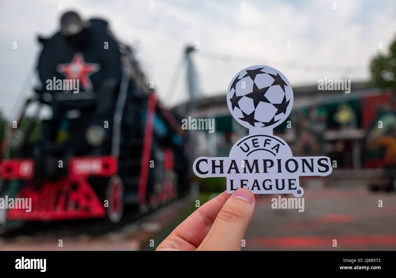August 30, 2021, Moscow, Russia. The UEFA Champions League emblem in front of the Lokomotiv stadium in Cherkizovo. Stock Photo