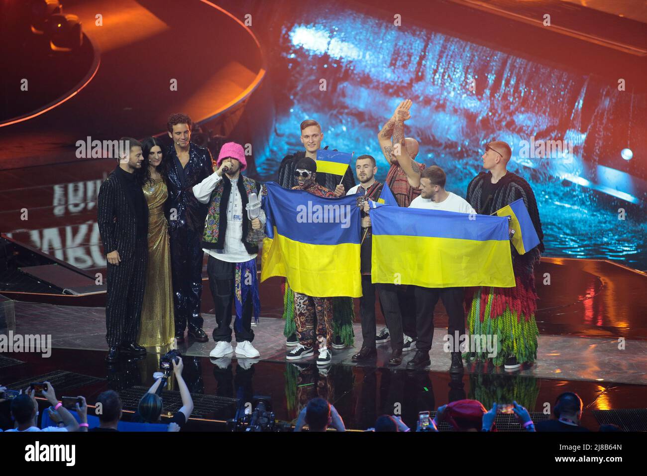 Kalush Orchestra (Stefani?) Ukraine The winners of he Eurovision Song Contest Grand Final on 14 May 2022 at Pala Olimpico, Turin, Italy. Photo Nderim Kaceli Stock Photo