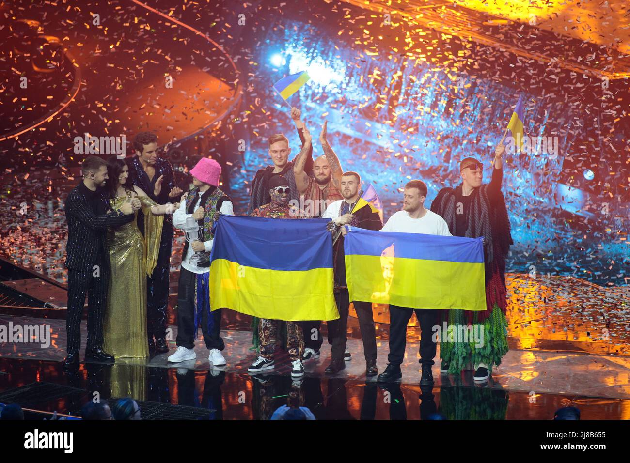 Kalush Orchestra (Stefani?) Ukraine The winners of he Eurovision Song Contest Grand Final on 14 May 2022 at Pala Olimpico, Turin, Italy. Photo Nderim Kaceli Stock Photo