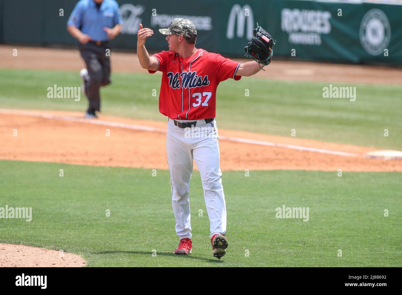 Baton Rouge, LA, USA. 14th May, 2022. Ole Miss' Brandon Johnson (37)  celebrates after closing out the game after NCAA Baseball action between  the Ole Miss Rebels and the LSU Tigers at