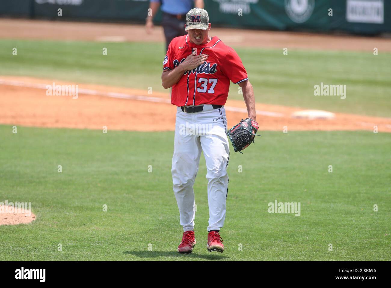 Baton Rouge, LA, USA. 14th May, 2022. Ole Miss' Brandon Johnson (37)  celebrates after closing out the game after NCAA Baseball action between  the Ole Miss Rebels and the LSU Tigers at