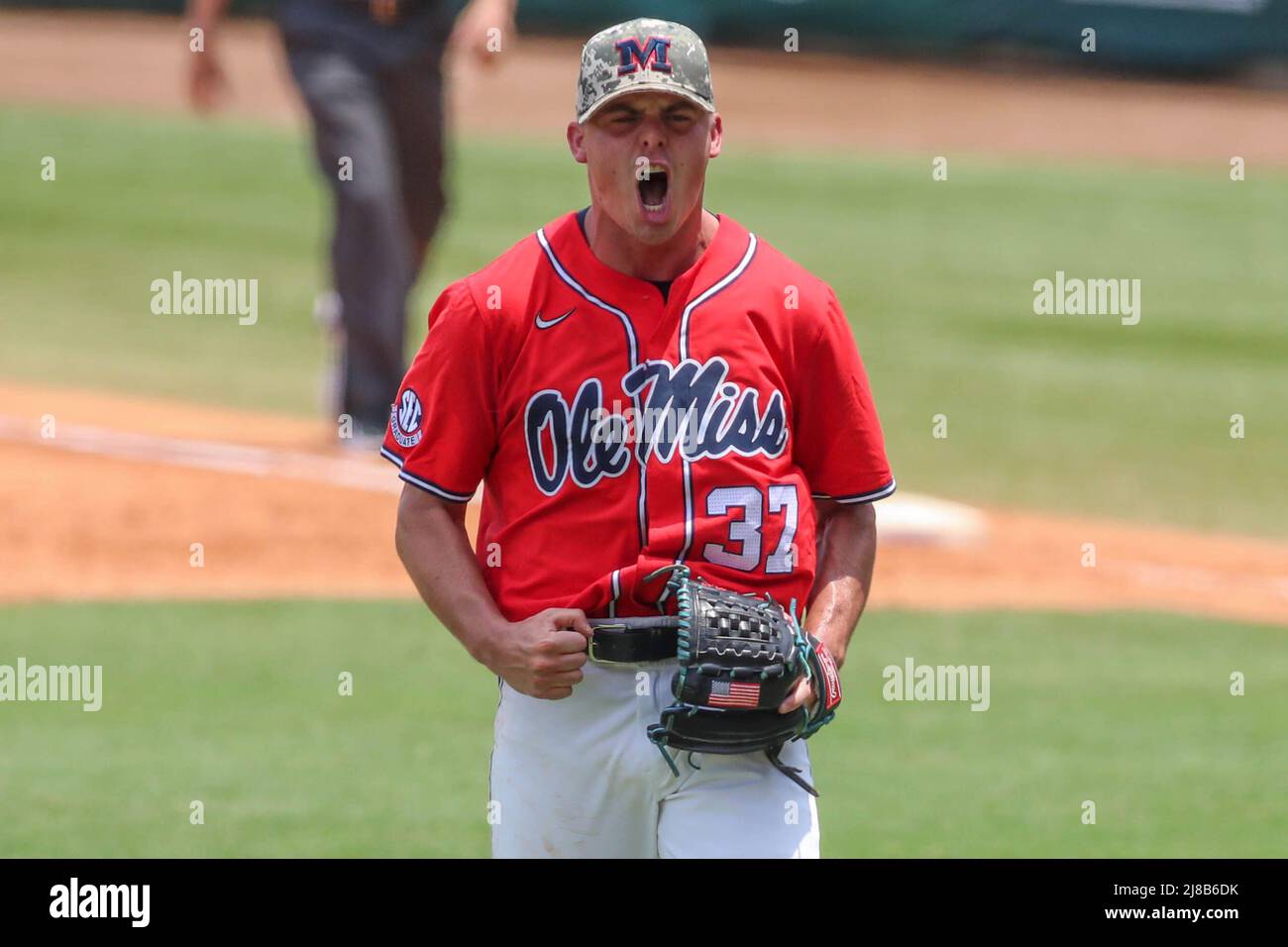 Baton Rouge, LA, USA. 14th May, 2022. Ole Miss' Brandon Johnson (37)  celebrates after closing out the game after NCAA Baseball action between  the Ole Miss Rebels and the LSU Tigers at
