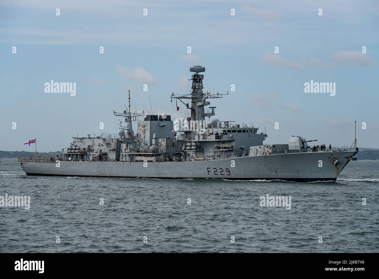 The Royal Navy Type 23 (Duke Class) frigate HMS Lancaster (F229) seen returning to Portsmouth, UK on the 13th May 2022. Stock Photo