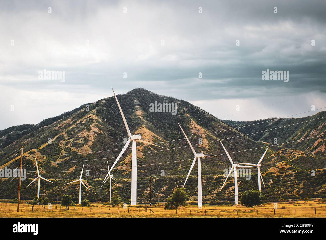 Wind turbins in a field with mountains in the background under overcasst skies. Powerlines are also strung around - Idaho USA Stock Photo