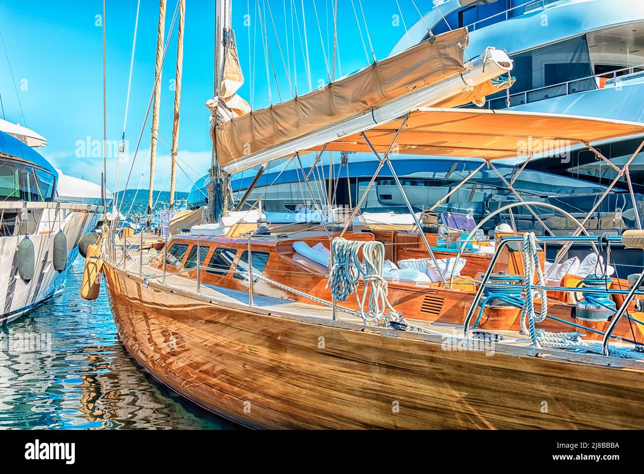 Sailboat in the port of St Tropez Stock Photo