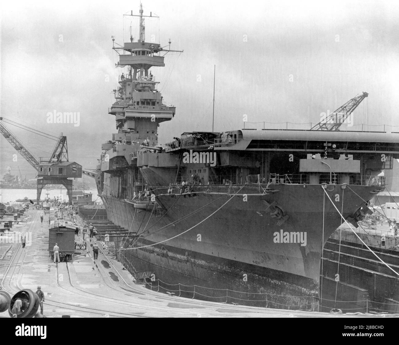 USS Yorktown at Pearl Harbor days before the battle during World War II. Stock Photo