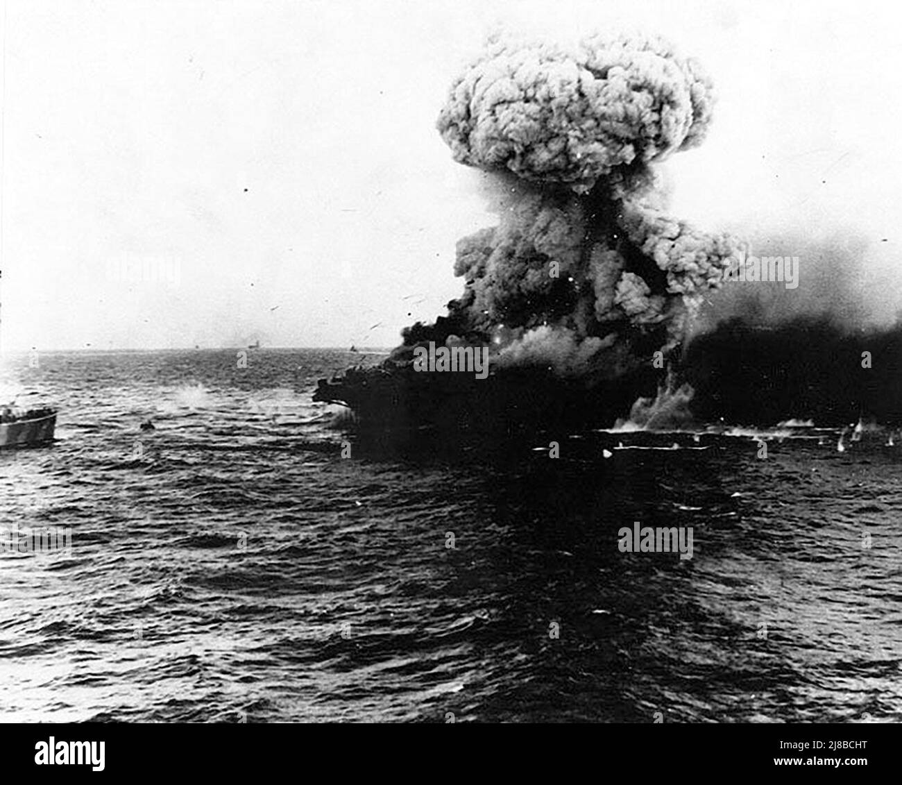 A massive explosion on the USS Lexington during the Battle of the Coral Sea, World War II Stock Photo