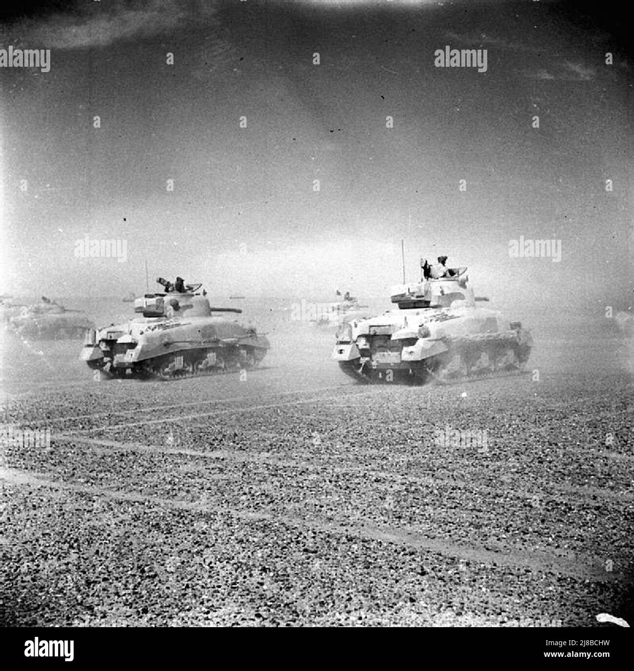 Sherman tanks of the Eighth Army move across the desert at the Second Battle of El Alamein. Stock Photo