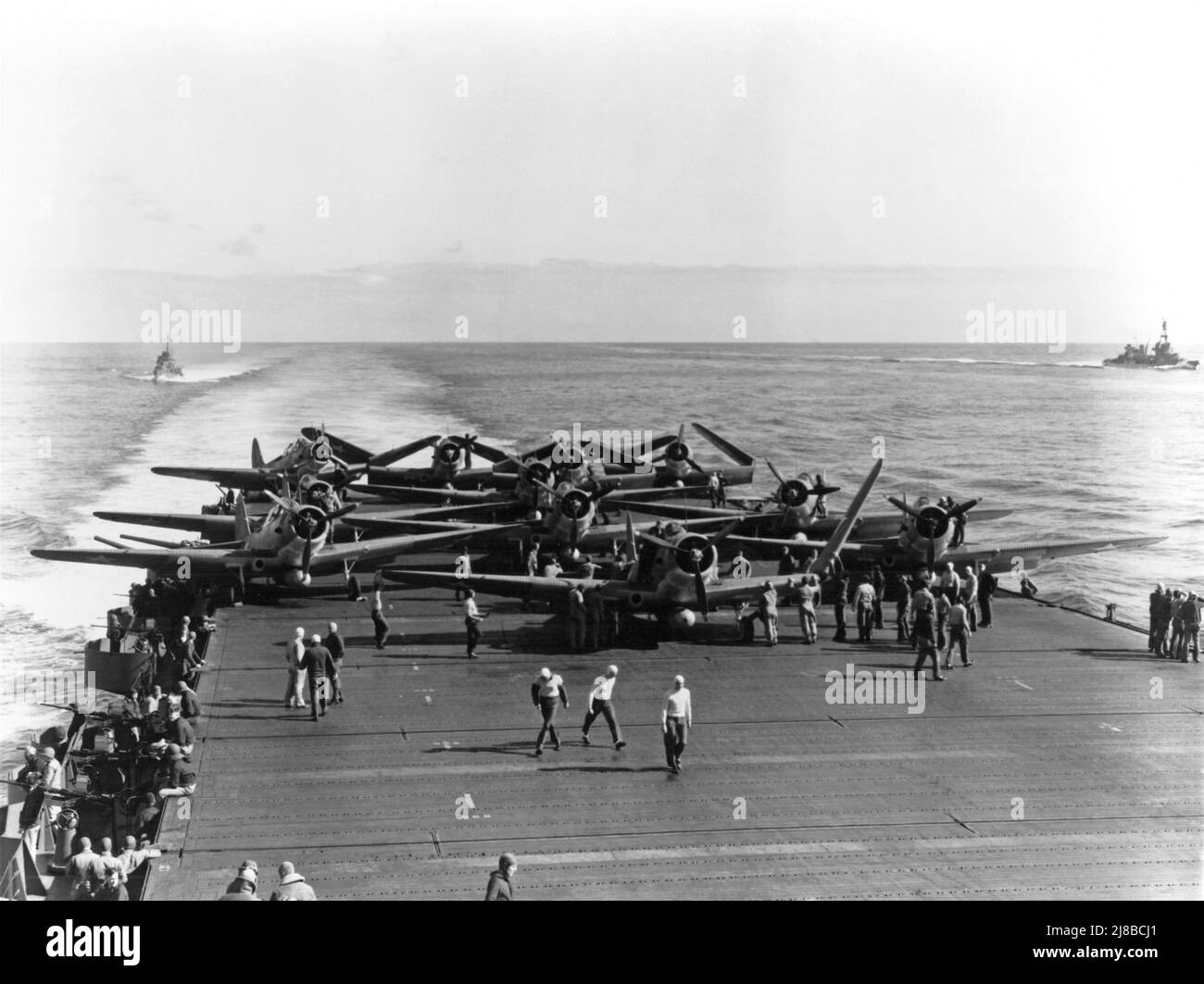 Douglas Devastator torpedo bombers on deck on the USS Enterprise in World War II, Battle of Midway. Stock Photo