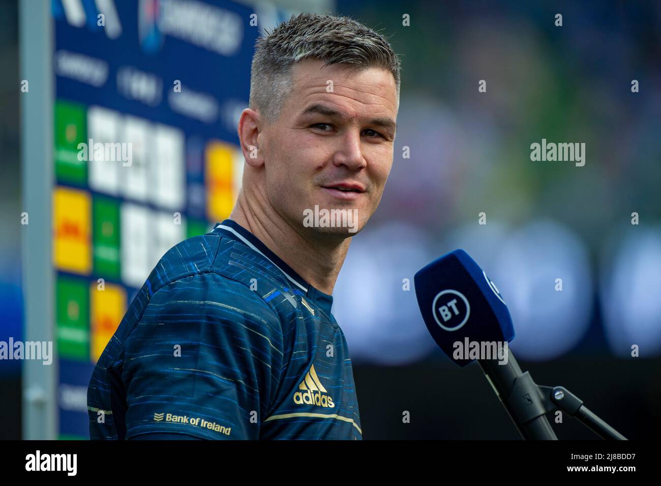 Johnny Sexton of Leinster during the TV interview after the Heineken Champions Cup Semi Final match between Leinster Rugby and Stade Toulousain at Aviva Stadium in Dublin, Ireland on May 14, 2022 (