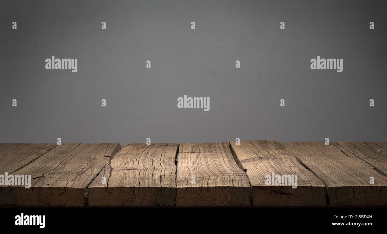 Dark aged wood plank podium or table Stock Photo