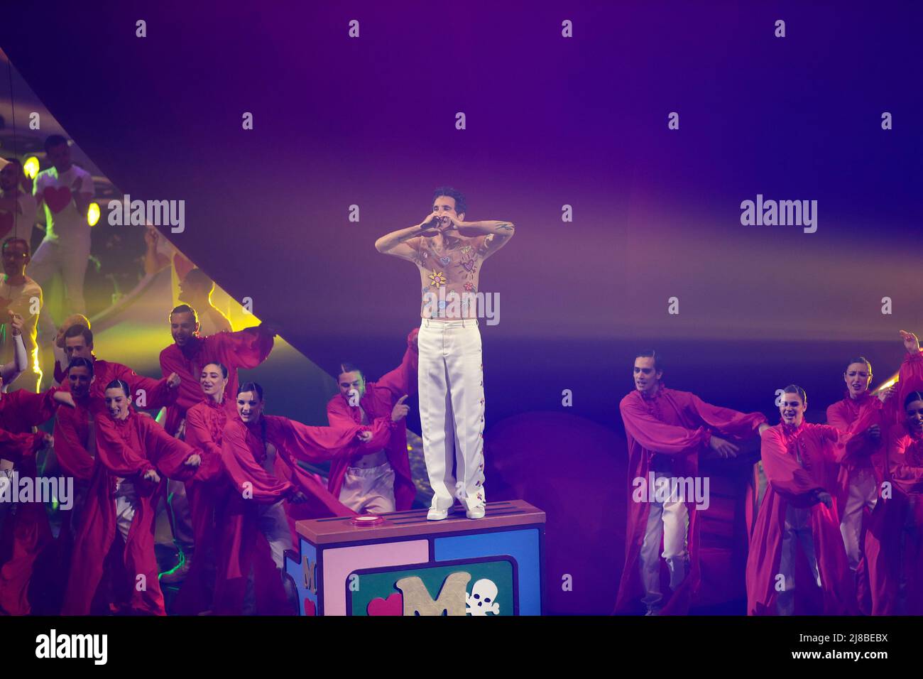 Mika performing during the Eurovision Song Contest Grand Final on 14 May 2022 at Pala Olimpico