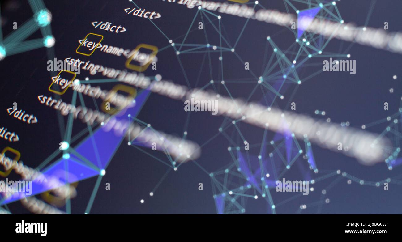 Website HTML Code on the Laptop Display Closeup Photo. Modern tech. Innovative startup project. Stock Photo