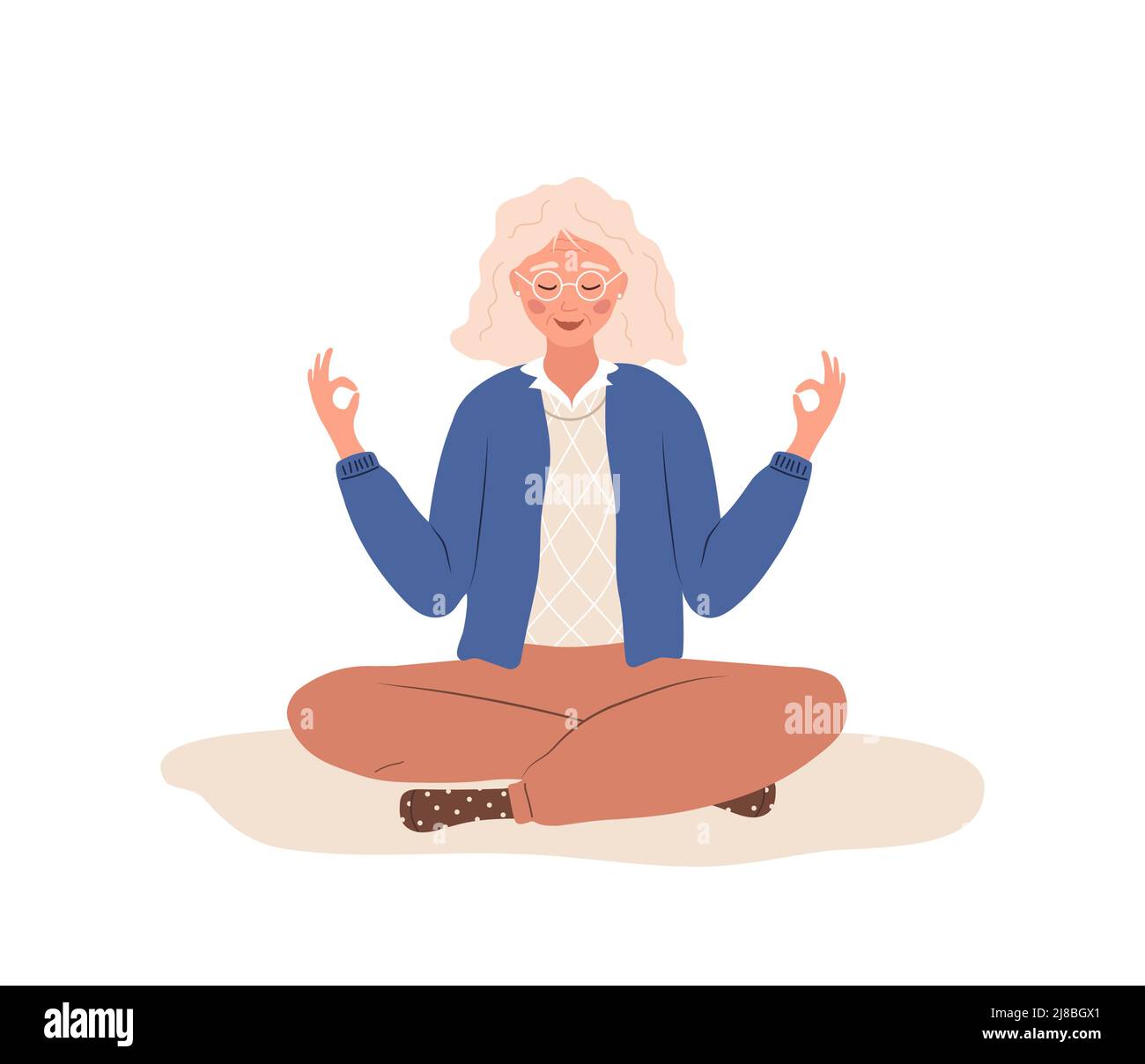 Breath awareness yoga exercise. Elderly woman practicing belly breathing for relaxation. Meditation for body, mind and emotions. Spiritual practice Stock Vector