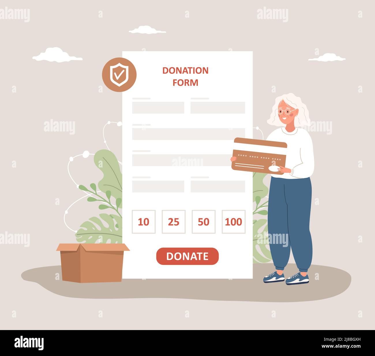 Online donation form. Elderly volunteer woman donating money and paying with credit card
