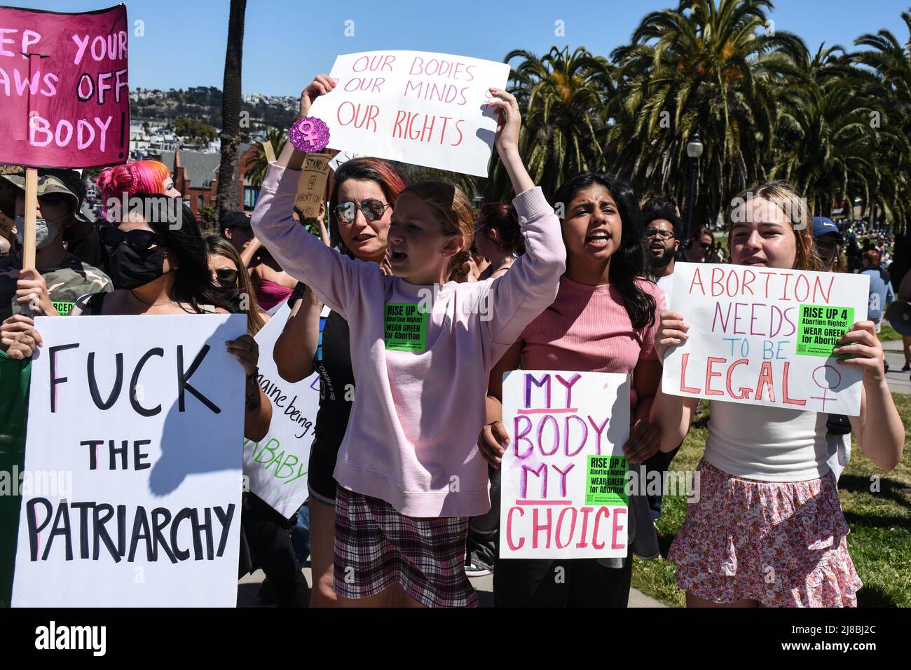 A diverse range of protestors took to the streets in a demonstration to defend abortion rights, including a group of young girls in pink who made their own posters. Protests erupted in cities across the country when a leaked document revealed that the Supreme Court has drafted an opinion to overturn Roe Vs. Wade, which would make abortion after six-weeks illegal in many states. Stock Photo