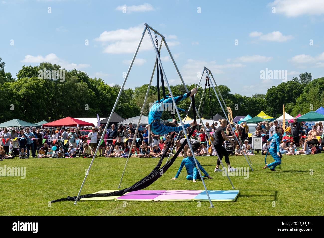 Acrobatics display, an arena event at the Surrey Heath Show in Frimley Lodge Park, Surrey, England, UK, May 2022. Stock Photo