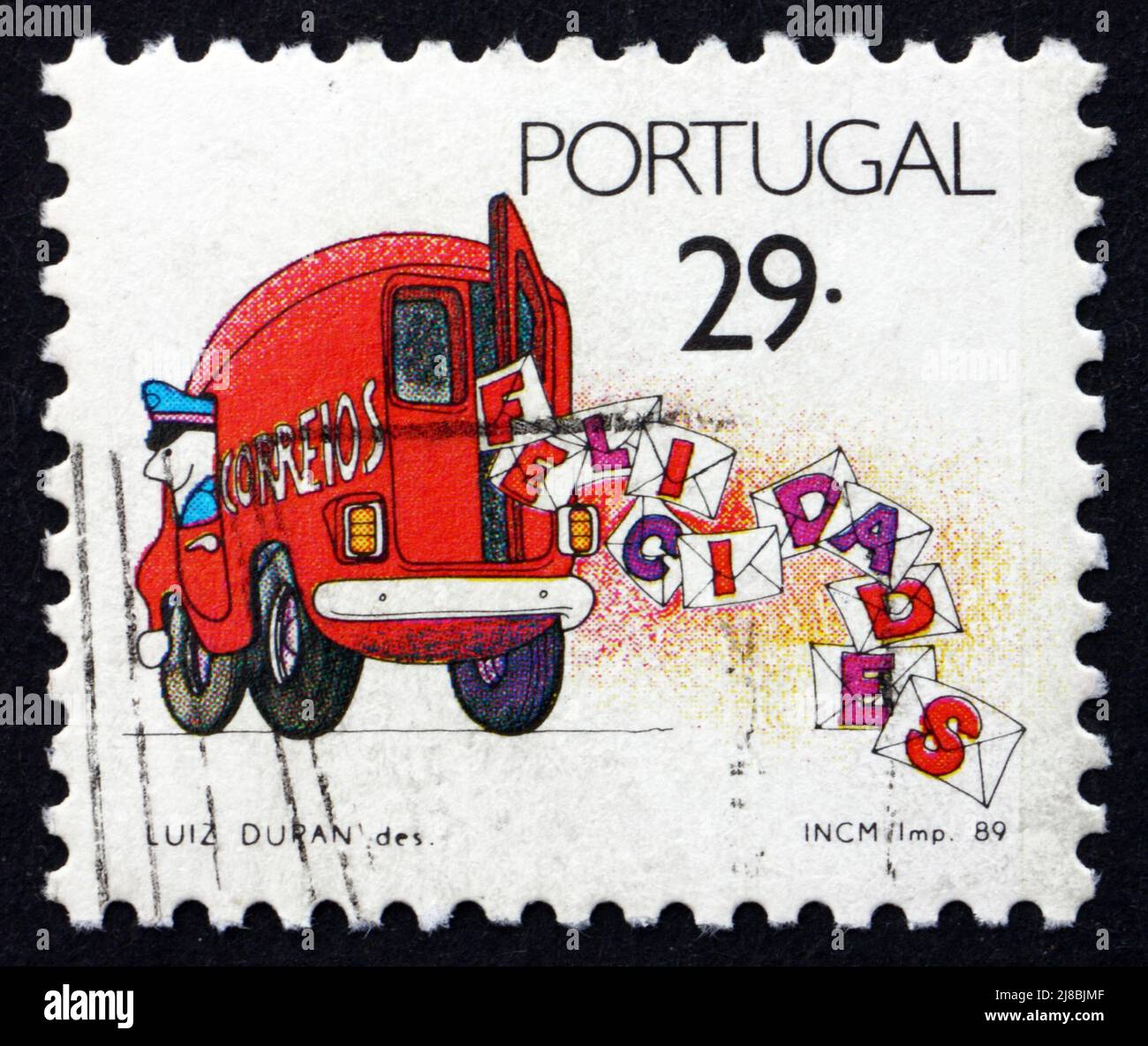 PORTUGAL - CIRCA 1989: a stamp printed in the Portugal shows Truck with Letters, Special Occasions, congratulations, circa 1989 Stock Photo