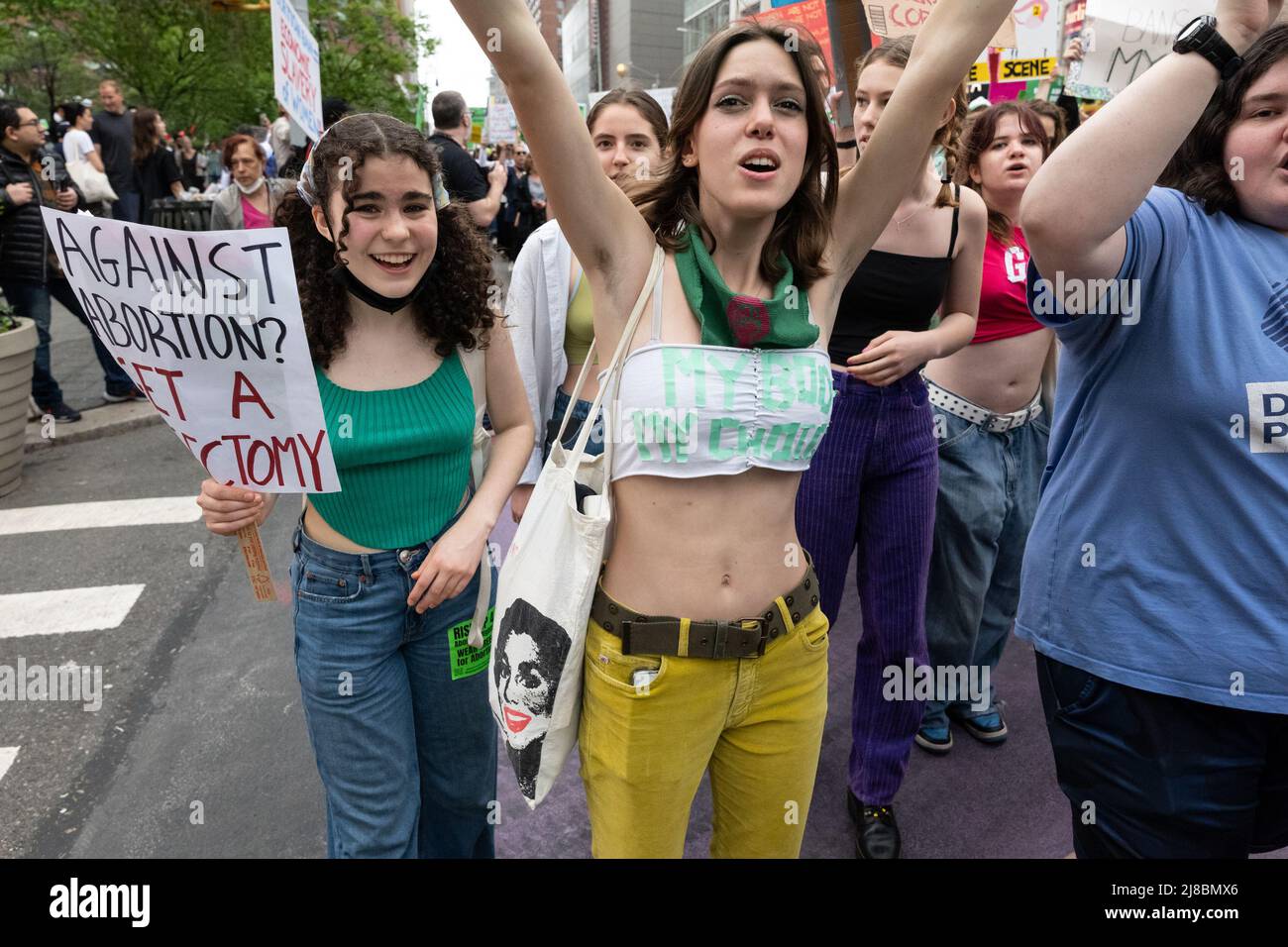 May 14, 2022, New York, New York, U.S: Demonstrators take to the streets during a pro-choice, pro-life march and rally in New York.  Some groups marched from Foley Square across the Brooklyn Bridge, while another group marched from Brooklyn across the  bridge to Foley Square in Manhattan. Abortion protest took place around the United States. (Credit Image: © Brian Branch Price/ZUMA Press Wire) Stock Photo