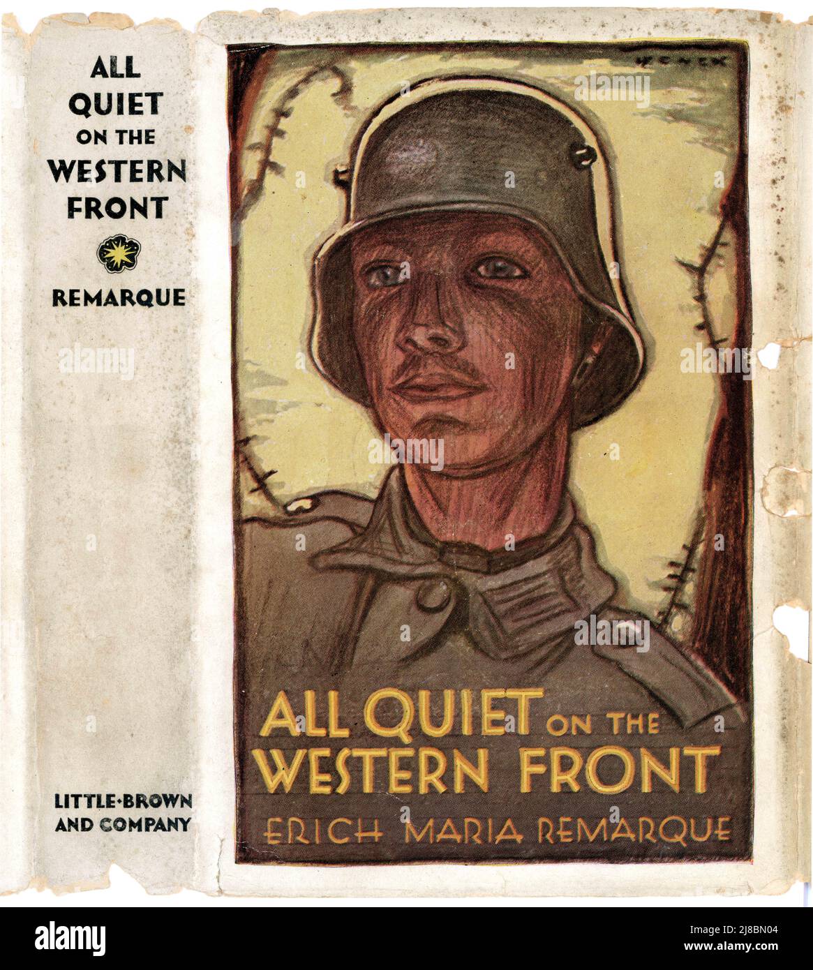 Original tattered book cover of All /dust jacket - entitled All Quiet on the Western Front by Eric Maria Remarque, This American edition was published in 1929 Stock Photo