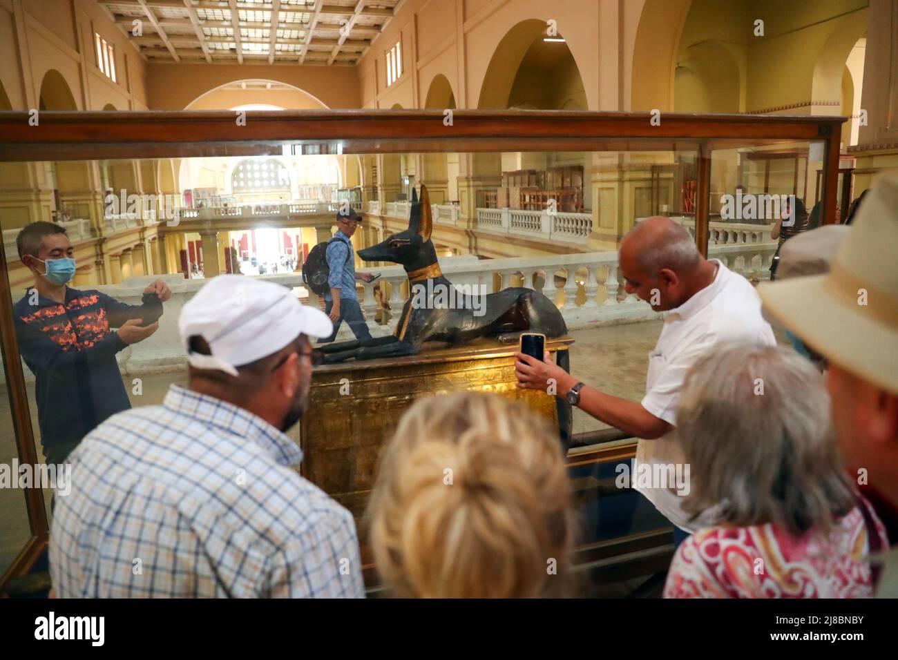 (220515) -- CAIRO, May 15, 2022 (Xinhua) -- Tourists view the statue of god Anubis discovered at the tomb of king Tutankhamun, at the Egyptian Museum in Cairo, Egypt, on May 14, 2022. As a funerary deity, Anubis is associated with mummification, funerary rituals, and the cemetery in ancient Egyptian myth, usually depicted as a black canine, or a man with canine head. It can be found at large numbers of pharaonic antiquities at the world-known Egyptian Museum. (Xinhua/Sui Xiankai) Stock Photo