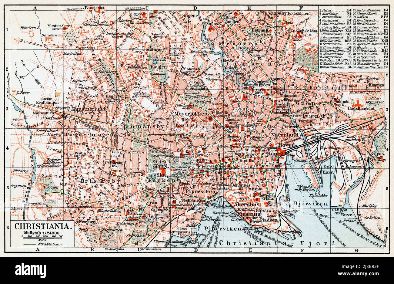 Map of Christiania (since 1925 Oslo, Norway). Publication of the book 'Meyers Konversations-Lexikon', Volume 2, Leipzig, Germany, 1910 Stock Photo