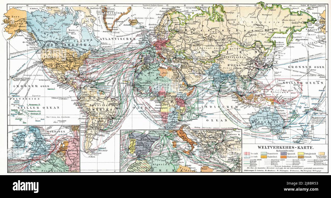 World map of sea and ocean trade routes, indicating the ownership of the colonies. Publication of the book 'Meyers Konversations-Lexikon', Volume 2, Leipzig, Germany, 1910 Stock Photo